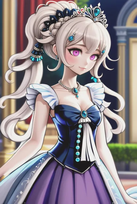 1girl, regal posture, grand gown, vibrant colors, elegant details, intricate patterns, exquisite jewelry, flawless makeup, lustrous locks, immaculate skin, enchanting smile, graceful neck, delicate features, crystal tiara, sparkling accessories, danganronpa style, thick lines, full-body portrait, looking over her shoulder, detailed eyes, 