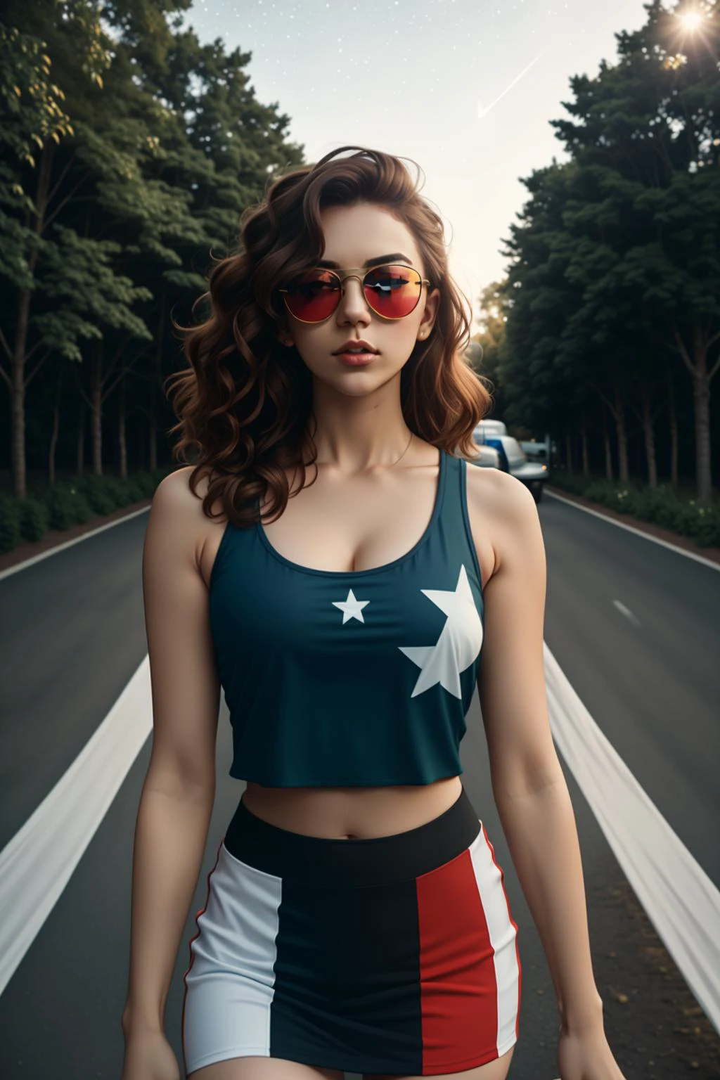 flag, from_above, crop top, detailed face, yellow bodycon tank top, hair, park, sky, trees, pale skin, moonlight, stars, 1girl, statement sunglasses, woman,, vivid colors, bokeh background, subject for emphasis,dramatic colors,
