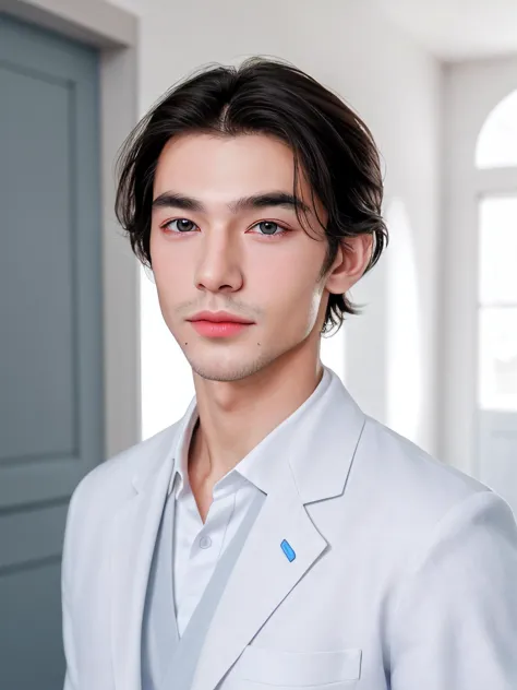 a close up of a man in a white suit and tie