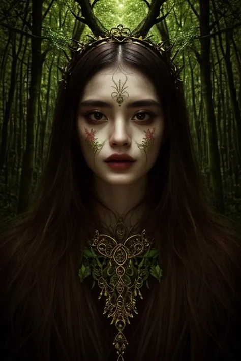 woman in a mythical forest, masterpiece, (perfect face), intricate details, horror theme