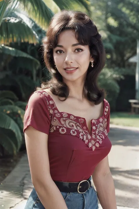 a close up of a woman in a red shirt and jeans