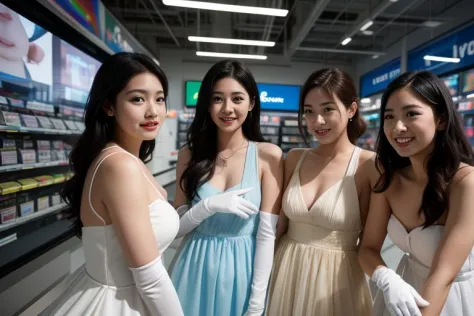 cinematic photography still 24 year old diverse women inside electronics store, three women wearing short rainbow dress and whit...