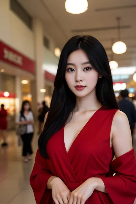 ショッピングモールで赤いドレスを着た黒髪の韓国人女性2人の写真, (目に焦点を当てる), 柔らかな自然光, ポートレート写真, (目に見える毛穴:0.117) , 詳細な肌, 高品質, フィルムグレイン