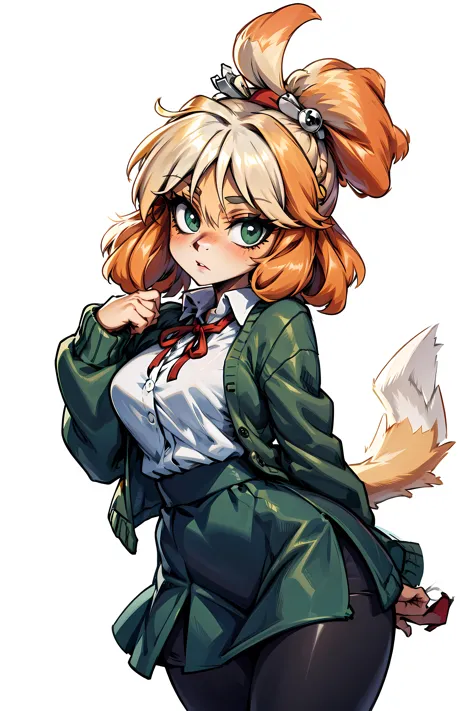 <lora:isabelle:1> isaCrossing, green cardigan, white shirt, blue skirt, red ribbon, checkered pattern, topknot, furry, furry fem...
