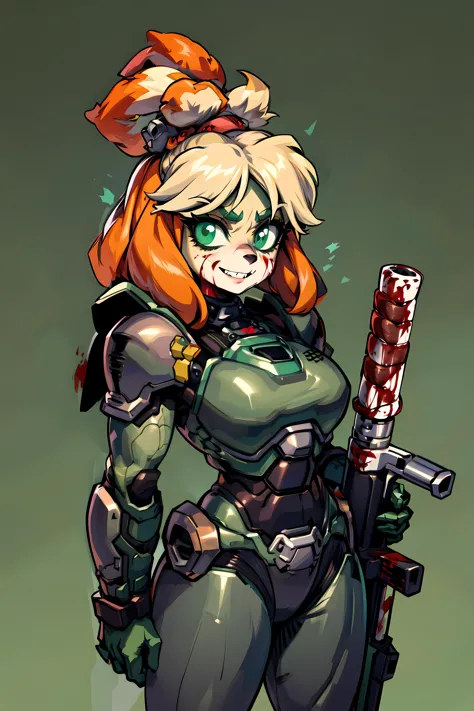 <lora:isabelle:1> isaCrossing, red ribbon, topknot, furry, furry female, scary smile, ((((dark green power armor)))), (((hell ba...