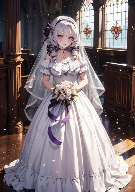 (masterpiece,best quality:1), high resolution, Front face lighting
1girl, full body, little body, cute woman, highlight, fantasy scenery,
full-face blush heavy breathing
shiny skin, shiny hair, large breasts,
hmsalome, drill hair, parted bangs, black hairband, ribbon, purple eyes, 
indoors, (wedding dress:1.2), white bridal gauntlets, piercing, necklace, jewelry, bouquet flower, church,
 <lora:hyakumantenbara_salome_v1:0.9>
against wall,
<lora:light powder:0.7>