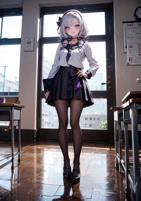 arafed woman in a school uniform standing in a room