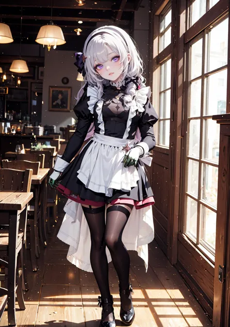 arafed woman in a maid outfit standing in a restaurant