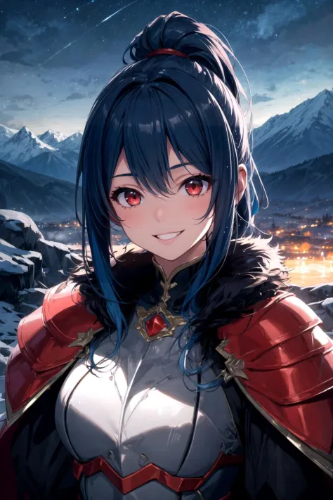 vibrant colors, girl, masterpiece, sharp focus, best quality, depth of field, cinematic lighting, ponytail, blue hair, red eyes, fur armor, mountain, bright smile, night sky,<lora:more_details:0.5>