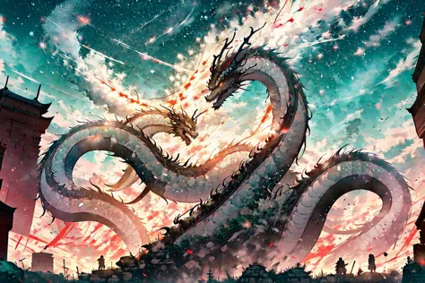Chinese Dragon, Celestial Dragon soaring through the sky, festival, (fireworks:1.5), Chinese New year, Chinese Lanterns, masterp...