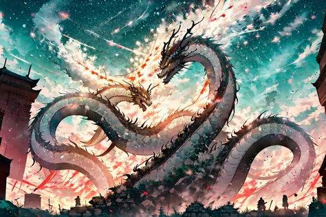 Dragon Chino, Dragón Celestial volando por el cielo, festival, (fuegos artificiales:1.5), Año Nuevo Chino, linternas chinas, obra maestra,  Guau_Estilo,  chica dragón dragón chino dragón chino 