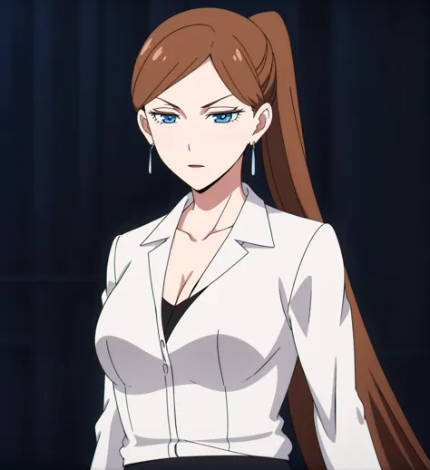 a woman with long brown hair and blue eyes in a white shirt