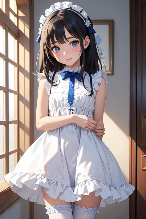 anime girl in a white dress and blue bow posing for a picture