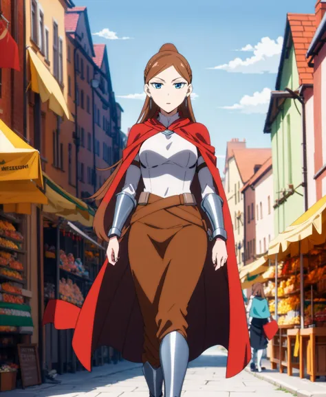 a woman in a red cape walking down a street