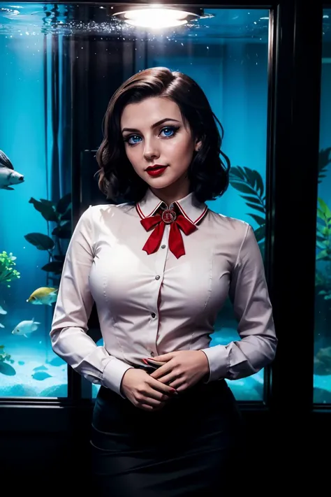 BioshockBurialElizabeth, black hair, blue eyes, red lipstick, white shirt, long sleeves, collar, red bow, black pencil skirt, lo...