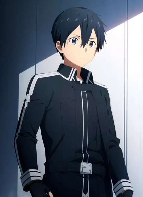 alicization anime style <lora:alicization_anime_style_offset:1>, kirito, 1boy, belt, black belt, black coat, black eyes, black g...