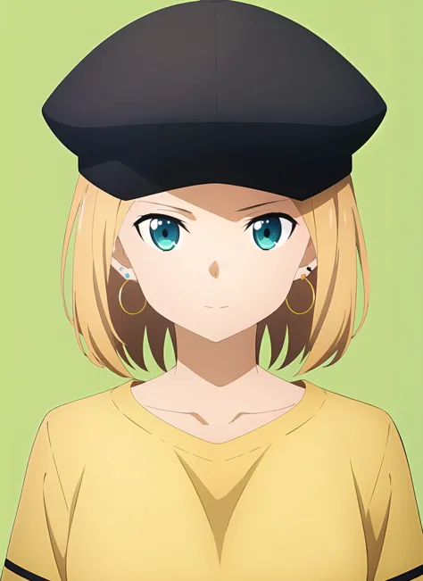 alicization anime style <lora:alicization_anime_style_offset:1>,  masterpiece, best quality, 1girl, aqua eyes, baseball cap, blonde hair, closed mouth, earrings, green background, hat, hoop earrings, jewelry, looking at viewer, shirt, short hair, simple background, solo, upper body, yellow shirt