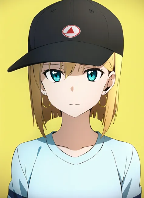 anime girl with a baseball cap and blue eyes