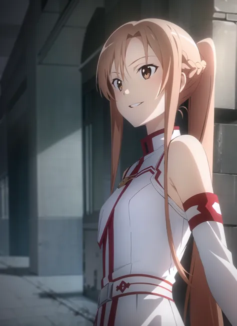 Звезда anime style asuna \(Звезда\), 1 девушка, асимметричная челка, голые плечи, коса, карие глаза, коричневые волосы, отрезанные рукава, одеваться, волосы между глазами,  униформа рыцарей крови \(Звезда\), Ламбентный свет, Длинные волосы, длинные рукова, глядя в сторону, приоткрытые губы, рапира, короткий хвост, на открытом воздухе, без рукавов, без рукавов одеваться, улыбка, Один, верхняя часть тела, white одеваться, белые рукава, ((шедевр))