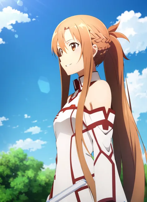 Asuna no estilo de anime de Alicization \(sao\), 1 garota, Franja assimétrica, Ombros nus, Trança, Olhos castanhos, cabelo castanho, mangas destacadas, vestir, cabelo entre os olhos,  uniforme de cavaleiros de sangue \(sao\), Luz Lambente, cabelo longo, mangas compridas, olhando para o lado, lábios entreabertos, florete, Rabo de cavalo curto, ao ar livre, sem mangas, sem mangas vestir, sorriso, Sozinho, tronco, white vestir, mangas brancas, ((obra de arte))