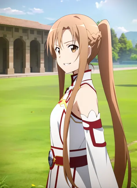 estilo anime sao asuna \(sao\), 1 garota, Franja assimétrica, Ombros nus, Trança, Olhos castanhos, cabelo castanho, mangas destacadas, vestir, cabelo entre os olhos,  uniforme de cavaleiros de sangue \(sao\), Luz Lambente, cabelo longo, mangas compridas, olhando para o lado, lábios entreabertos, florete, Rabo de cavalo curto, ao ar livre, sem mangas, sem mangas vestir, sorriso, Sozinho, tronco, white vestir, mangas brancas, ((obra de arte))