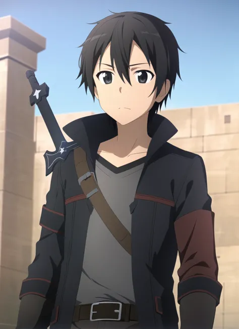 sao anime style <lora:sao_anime_style_offset:1>, kirito, 1boy, belt, black belt, black coat, black eyes, black gloves, black hai...