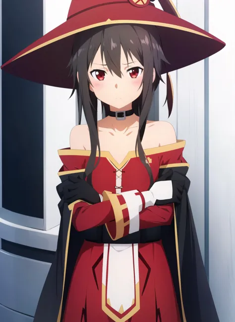 alicization anime style <lora:alicization_anime_style_offset:1>, megumin, 1girl, bare shoulders, black cape, black gloves, black...