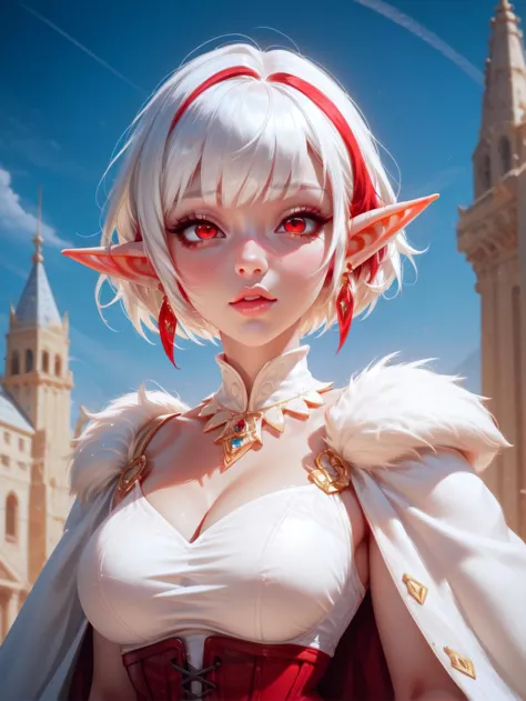 1girl, pointy ears, solo, jewelry, red hair, white hair, two-tone hair, red eyes, earrings, short hair, looking at viewer, medium breasts, elf, bangs, lips, dress, fur trim, corset, white cape, nose, necklace, upper body, black dress, eyelashes, white cape, blue sky,