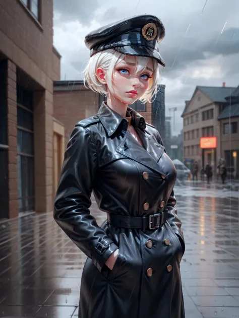 1girl, upper body, solo, looking at viewer,  female focus, white hair, short hair, undercut, blue eyes, black peaked cap, black ...