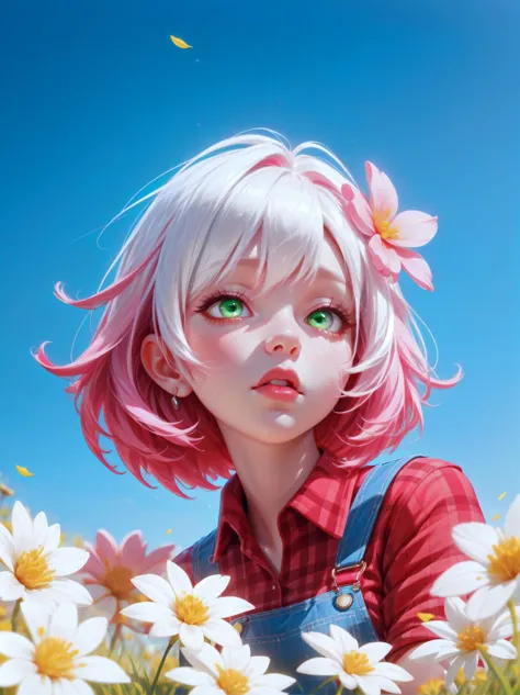 1girl, sitting on grass, white hair, pink hair, green eyes, clear sky, gradient hair, from below, flower hair ornament, meadow background, looking up, parted lips, blue sky, blurry background, (red flannel shirt:1.1), overalls, collared shirt, upper body focus, portrait, blurry foreground, hard shadow, flower foreground