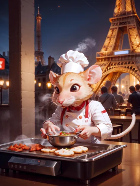 a rat wearing chef hat, cooking, paris background, steaming hot food, eiffel tower, night, depth of field, animal focus , blurry background