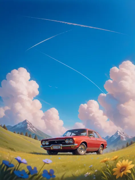 red classic car, car focus, grasslands, flowers, meadow, mountainous horizon, blue sky, cloud, vertical photography, car photography, from below, depth of field,