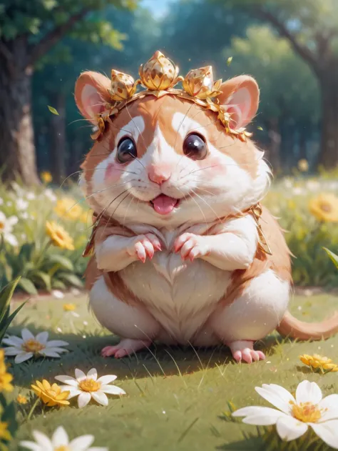 a hamster on grass floor, depth of field, animal focus, flower crown, cute