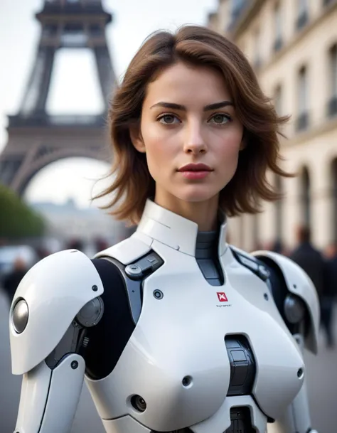 a close up of a woman in a white robot suit