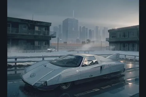 a close up of a car on a wet street near a building