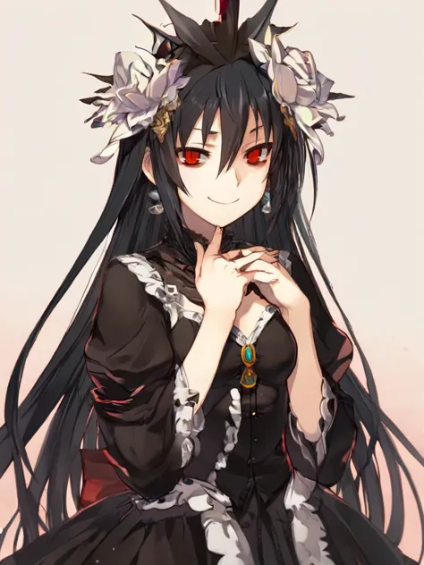 score_9, score_8_up, score_8, miracle tou, evil smile, red eyes,  hair ornament, hair between eyes, hair flower, very long black hair, black dress, gothic
1girl, solo, looking at viewer,
 fullbodycg, simple background, white background,