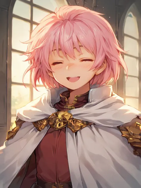 score_9, score_8_up, score_8, <lora:rance_pony_v1-0:0.8>
sill plain, 1girl, solo, blush, smile, short hair, open mouth, closed eyes, pink hair, cape, backlighting