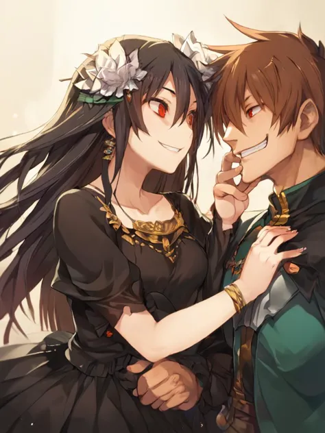 anime couple in black and green dress hugging each other