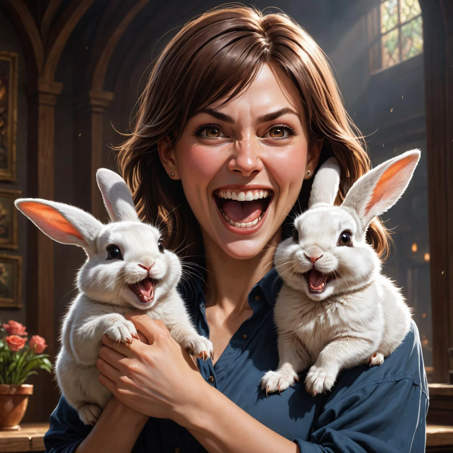 photorealistic painting  by (((Lois van Baarle) and Ted Nasmith) and Charlie Bowater) and Chris Leib, cute Belgian woman dual wielding holding two bunnies, evil maniacal laughter dof, 