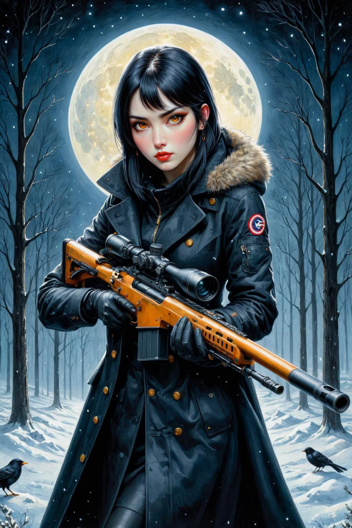by Harumi Hironaka and Bill Jacklin in the style of Catherine Hyde, using a sniper rifle 