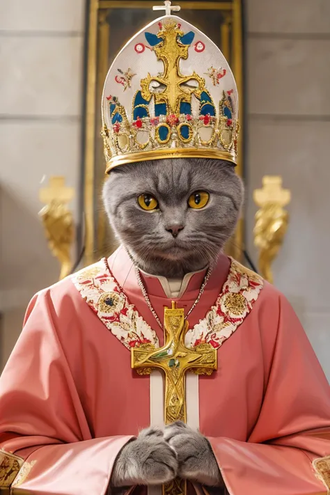 highres, 8k, absurdres, realistic, (Chartreux:1.3), (cat_human:1.3), cat, animal_focus, the Pope, Catholic , bishop of Rome, cro...