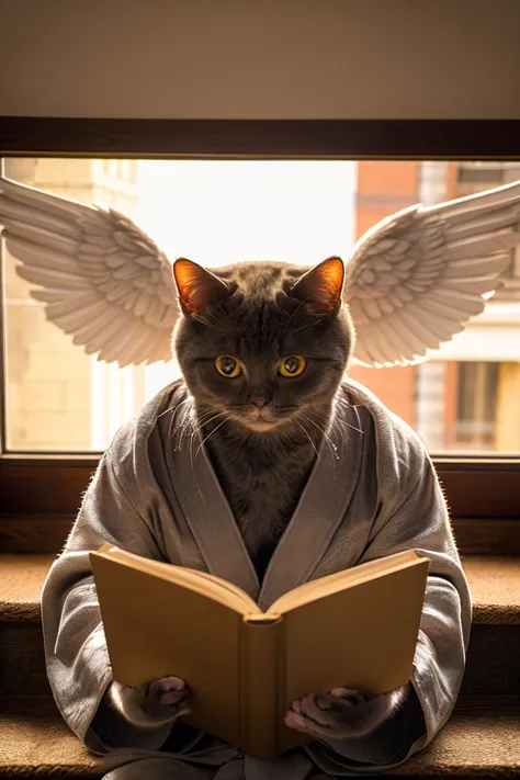 highres, 8k, absurdres, realistic, (Chartreux:1.3), (cat_human:1.3), reading book, godray, sunbeam, angel wings, white see-throu...