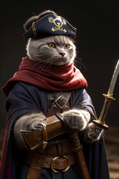 highres, 8k, absurdres, realistic, Chartreux,  (cat_human:1.3), cat, no humans, animal, weapon, animal focus, holding, standing, (sword:1.3), looking at viewer, pirate, pirate_hat, pirate costume, blurry, blurry background, cloak, cape, staff, 
<lora:Chartreux_v3-000010:0.55>