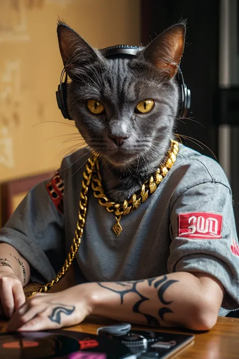 araffe wearing a shirt and headphones sitting at a table