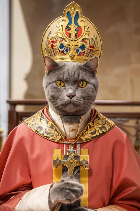 highres, 8k, absurdres, realistic, (Chartreux:1.3), (cat_human:1.3), cat, animal_focus, the Pope, Catholic , bishop of Rome, cro...