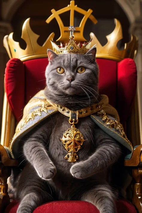 highres, 8k, absurdres, realistic, (Chartreux:1.3), (cat_human:1.3), cat, animal_focus, king, kingdom, sitting on his king chair, (king crown:1.4),  mantle, capelet, royal mantle, (medieval:1.4),  
<lora:Chartreux_v3-000010:0.55>   ,