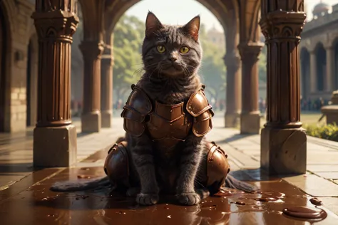 highres, 8k, absurdres, realistic, ChocolateWetStyle, (Chartreux:1.3),  (cat_human:1.55), (cat:1.4), animal_focus, outdoor, chocolate cat, chocolate armour, warrior, holding a long sword, ((close up)), fine fabric emphasis, chocolate palace, (palace), sitting, chocolate \(stone\), ((chocolate arch)),
<lora:Chartreux_v3-000010:0.35>  , <lora:ChocolateWetStyle:0.35>