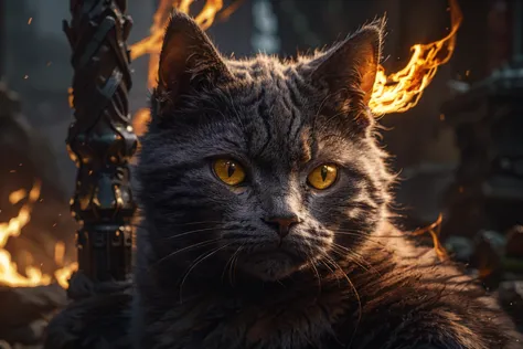 highres, 8k, absurdres, realistic, ((close up)), (zhongfenghua:1.2), (yuhuo:1.4), fire ,solo, fierce fire, (burning fur:1.4), glowing fire, (Chartreux:1.3),  (cat_human:1.55), (cat:1.4), animal_focus, outdoor, landscape,  ((magical musket)), fantasy world,  hell, (hell fire:1.2), 
<lora:Chartreux_v3-000010:0.45>  ,  <lora:å¾¡ç« V2:0.6> ,  <lora:zhongfenghuaxiyou-000018:0.45>