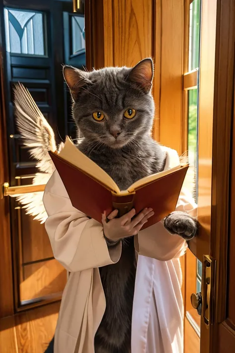 highres, 8k, absurdres, realistic, (Chartreux:1.3), (cat_human:1.3), reading book, godray, sunbeam, angel wings, white see-throu...