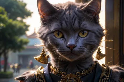 there is a cat that is wearing a costume and a necklace